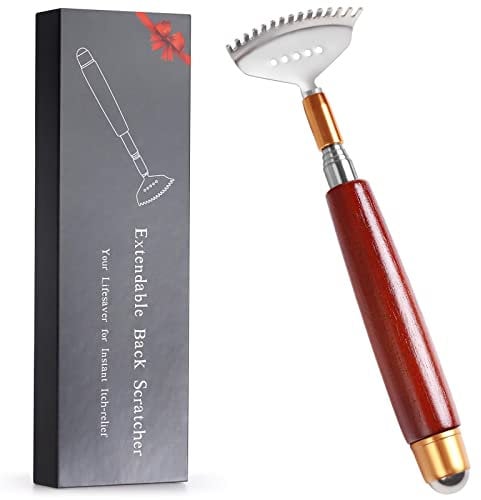 Rückenkratzer aus Premium Edelstahl und Holz, 15 Zähne breitere Klaue, Massagerolle, ausziehbar bis 51cm zum Kratzen am Kopf und Rücken für Damen und Herren