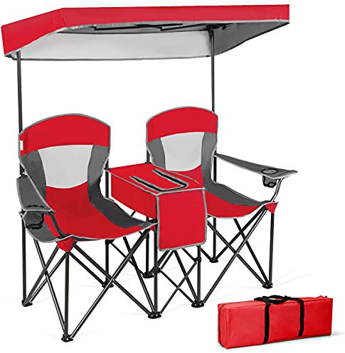 COSTWAY Double Folding Camping Chair with Canopy, Outdoor Portable Loveseat with Armrests, Cup Holder and Carrying Bag, Garden Patio Fishing Seaside Beach Picnic Chairs (no Roll-up Shade, Red)