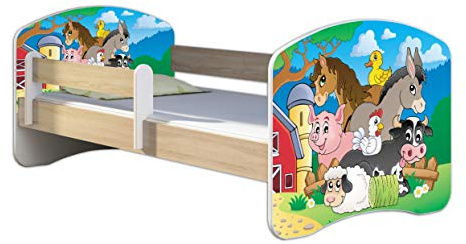 ACMA Kinderbett 160x80 Jugendbett mit Matratze, Farbe Sonoma mit Rausfallschutz Lattenrost II Spielbett Kinderzimmer Möbel, 34 Farm