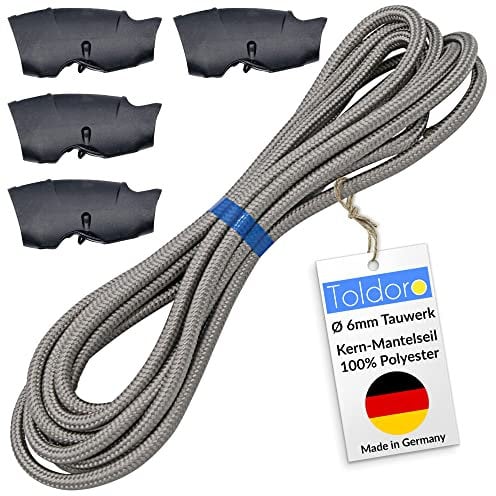 Toldoro® Tauwerk 25m und Ø 6mm grau inkl. 4 Seilklemmen/Sonnensegel Seil aus Polyester/Tau Seil mit Reißlast von 800kg & Bruchlast 1050 daN/Sonnensegel Flaschenzug