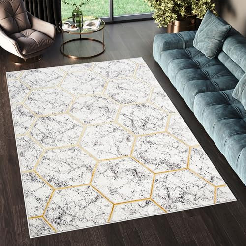 TAPISO Shine Teppich Kurzflor Creme Grau Goldene Linien Marmor Geometrisch Hexagon Wohnzimmer Schlafzimmer 3D Optik Modern Design ÖKOTEX 250 x 350 cm