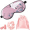 1 Set Schlafmasken mit Ohrstöpsel, Aufbewahrungstasche und Haargummis, Seiden Schlafmaske Augenmaske Augenabdeckung Kranich Muster Seiden Augenmaske mit Verstellbar Gurt (Rosa Kranich)