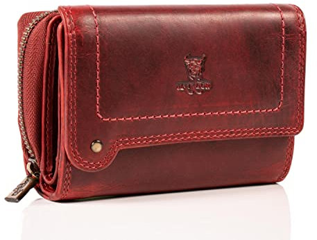 MATADOR Leder Portemonnaie Damen Rot Mittelgroß #Perth mit edler Geschenk Box, Elegante Rote Geldbörse Damen Rot Mittelgroß im Querformat, RFID Geldtasche Frauen Leder Portmonee Frauen Mittelgroß