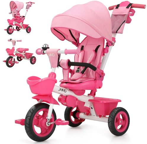 JMMD 7 in 1 Tricycle Stroller with Push Handle, Baby Trike with 360° Swivel Seat, Reclining Backrest, All-Terrain Wheels, Dual Brakes, Canopy & Storage, Gift for Kids 18 Months to 5 Years, Pink