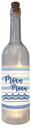WB wohn trends LED-Flasche mit Banderole, Moin Moin maritim blau-weiß, 29cm Flaschen-Licht Glitzer-Flasche Leuchtflasche Lampe mit Text Spruch