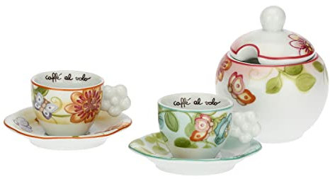 THUN, Set di 2 Tazzine da Caffè con Barattolo per Zucchero in Porcellana Decorata a Mano con Motivi Floreali Primaverili, Linea Fiori e Fantasia, Ø 6.5 cm