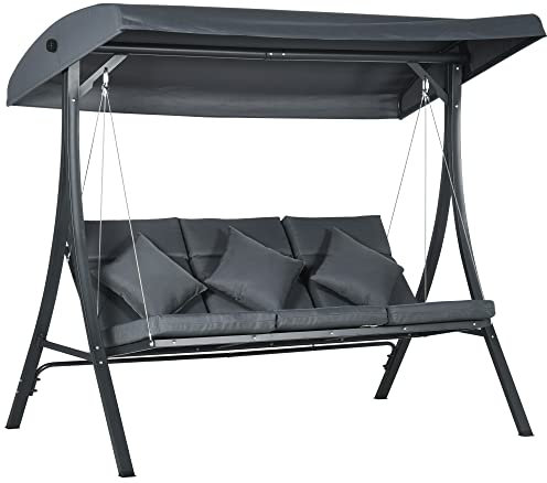 Outsunny Balancelle de Jardin 3 Places Grand Confort Inclinaison Toit réglable Matelas fourni Acier Polyester dim. 202L x 115l x 168H cm Gris foncé