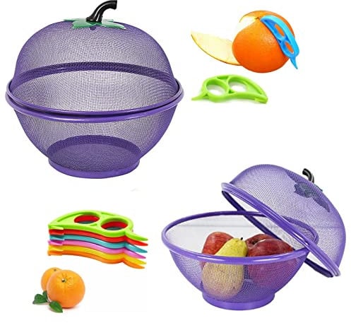 HK Online Purple Apple Mesh Fresh Fruits Basket & Ring Citrus Peeler, Fruit Bowl, Decorative Tablepiece -Keep Unwanted Pets, Bugs & Insects Out (1 Purple)