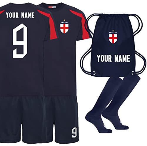 Personalised England Style Kit Navy and Red Football Shirt, Navy Blue Shorts, Bag and Socks for Boys and Girls Best Birthday Gift for Children Kids Playwear 3/13 Years Old (5-6 Years)
