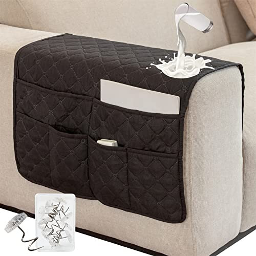 SHUOJIA Armlehnenbezüge,Armlehnenschoner Wasserdichter,mit 6 Taschen für Couch oder Sessel Bett Storage TV Fernbedienung Halterung (Plaid-Black)