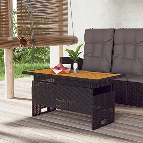 Homgoday Gartentisch Höhenverstellbares Garten Esstisch Terrassentisch Tisch Balkontisch Garten Terrasse Schwarz 100x50x43/63 cm Akazienholz & Poly Rattan