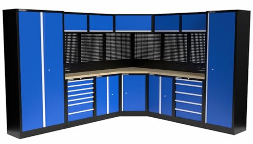 Kraftmeister Werkstatteinrichtung - Männerküche mit 12 Schubladen und 10 Schränken - Werkzeugschrank, Garage - modulares Werkbank mit Holzarbeitsplatte (Multiplex) und Werkzeugwand - Blau