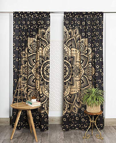 Popular Handicrafts Bedruckte Vorhänge für Wohnzimmer, Indische Hippie-Boho-Vorhänge mit schönem Mandala-Ombre-Farbverlauf für Schlafzimmer, Schwarz-Gold, 106,7 x 254,0 cm, 2er-Set