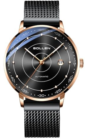 SOLLEN Herren-Automatikuhren, japanisches mechanisches Uhrwerk, Mineralglas, 3 ATM wasserdicht, Edelstahlgehäuse, Kalender & Leuchtzeiger, minimalistische Armbanduhr für Business, Freizeit, Alltag, 42