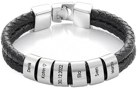 bijuuu Lederarmband Herren – Echtleder Armband mit Namen – Flechtarmband aus Leder inklusive Gravur – Namensarmband personalisiert – Geschenke für Männer – Edelstahl – Silver Beads (2 Ringe)