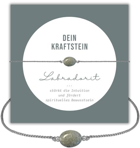 happymaker - Labradorit Armband Damen, handgemacht Edelstein Armband mit versilberten Perlen auf Nylonkordel aufgezogen und exklusiver Geschenkverpackung, Kraft Geschenk für Frauen