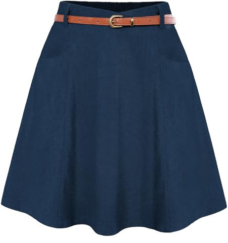 Belle Poque Damen Röcke mit Gürtel Hoch taillierte A-Linie Swing Minirock Klassisch Veratile Kordrock Marineblau BP0828-05 L