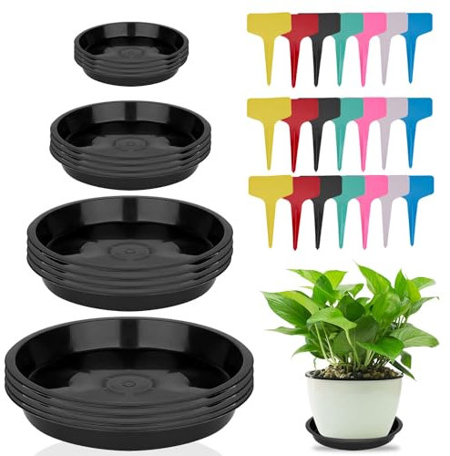 RobLuX 16 Pièces Soucoupe Pot Fleur,12/16/18/21 cm 4 Tailles Dessous de Pot de Fleur,avec étiquette 21 Pièces,Soucoupes Rondes en Plastique Adaptées à Une Utilisation Intérieure et Extérieure