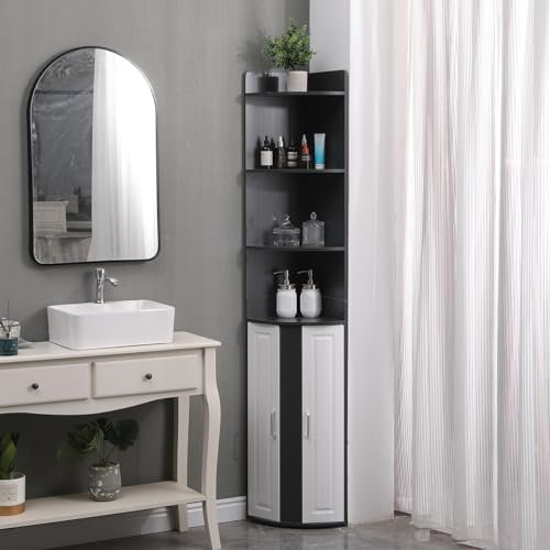 Redd Royal Corner Bathroom Unit Storage Cabinet Tall Slim Tallboy Cupboard with Wood Shelves and Door Living Room Bookshelf Bookcase for Narrow Small Space (grey tall cabinet)