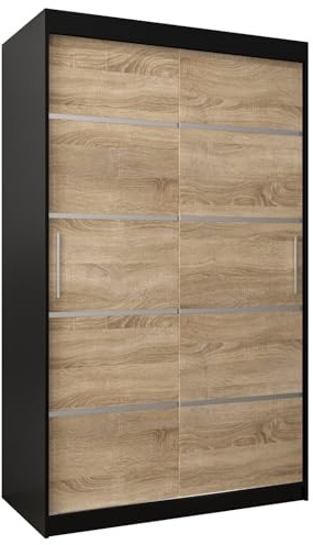 MEBLE KRYSPOL Schwebetürenschrank Verona 1 120 cm Kleiderschrank mit Kleiderstange und Einlegeboden Schlafzimmer- Wohnzimmerschrank Schiebetüren Modern Design (Schwarz + Sonoma)