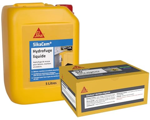 SIKA - Hydrofuge de masse liquide pour béton et mortier - Prêt à l'emploi - 5L + Fibres naturelles bio-sourcés, ultra fines - Pour béton et mortier - 6 doses de 50gr