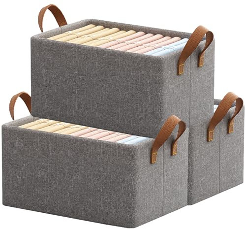 Goesort 3 Pack Storage Boxes with Metal Frame, Wardrobe Storage Organiser Fabric Storage Boxes, Decorative Storage Baskets with Handles for Bedroom Cupboards Office Shelves Clothes Toys, Grey