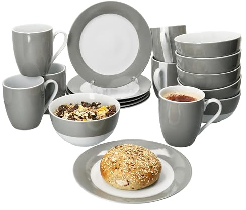 MamboCat Variant Grau 18tlg Frühstücksset I Je 6X kleine Teller, Schale 450ml & Kaffeebecher 350ml, Höhe 10,3cm für 6 Personen I Porzellan-Geschirr für Frühstücks- & Kaffeezeit