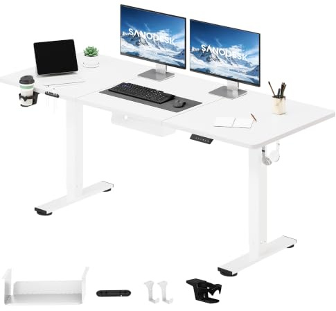 SANODESK Bureau Assis Debout 160×60cm Plateau FSC Blanc | Bureau Réglable en Hauteur Électrique avec Mémoire, Silencieux, Système Anti-Collision