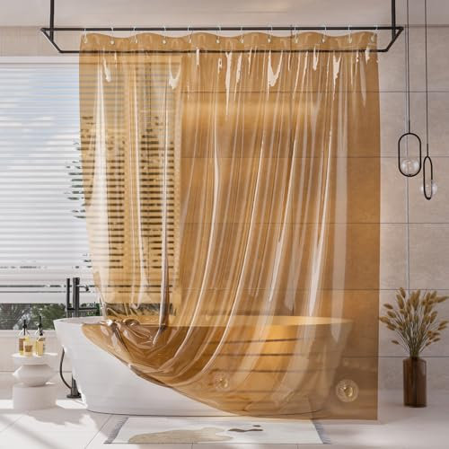 AmazerBath Duschvorhang, EVA, transparent, orange-braun, strapazierfähig, 2-in-1, 183 x 183 cm, luxuriöser Kunststoff, beschwerter Badezimmer-Duscheinsatz, 12 rostfreie Ösen und 3 schwere Steine