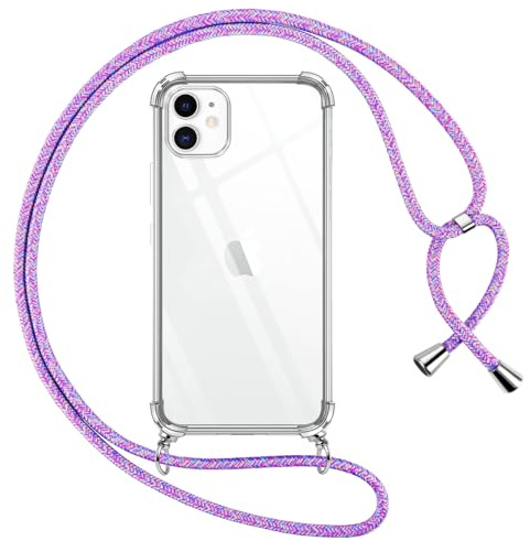 Pnakqil Coque pour iPhone 11 avec Cordon, Transparente Silicone Housse avec Réglable de Collier Anti-Chute Etui pour iPhone 11 6.1 Pouces, Ètuis à Bandoulière [Violet 01]