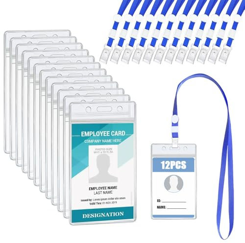 Azlanway Plastica Trasparente Verticale Targhetta, 12 PCS Porta Badge Impermeabili con blu Cordino 15x9.5 cm Porta ID Badge da Collo per nome carta ID, scuola, festival, evento, conferenza