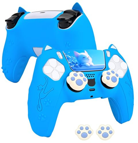 DLseego Silikonhülle für PS5 Controller, Niedliches Kätzchen Anti-Rutsch Schutzhülle Griffe Skin für PS5 mit 2 Joystick Caps und 2 Touch Pad Stickern,rutschfest, Sratzfest und Stoßdämpfend,Blau