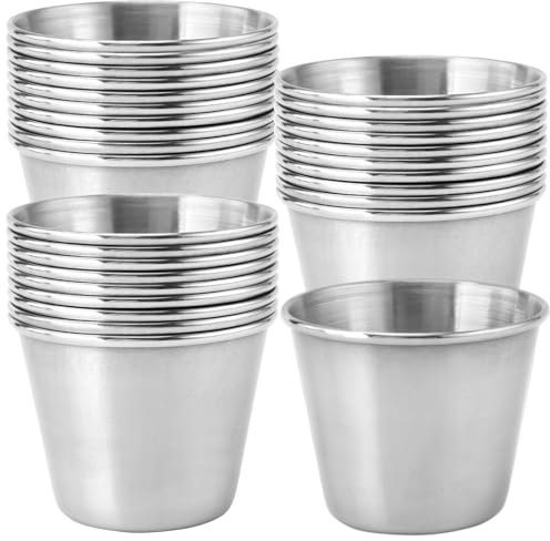 MUKSEUT 30 PCS 1.5 oz Silver Round Sauce Cup, Small Mini Saucepan, Stainless Steel Condiment Cups for Barbecue Restaurant Snacks