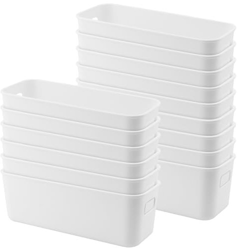 MOUYAT 15 Pcs White Plastic Storage Box, Narrow Storage Box with Handles, Kitchen Cupboard Organiser Storage Boxes for Shelves, Kitchen Cupboard, Drawer Storage, 28x10x9.5cm