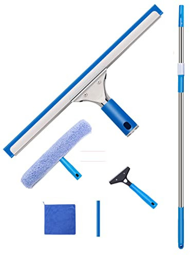 TYHAYJYK Limpiador de Ventanas con Barra Extensible para Limpiar Ventanas de 1,4/2,4/3,9/4,6 m, para Interiores y Exteriores, limpiacristales para Ducha, escobilla de Goma con Estropajo de microfibr