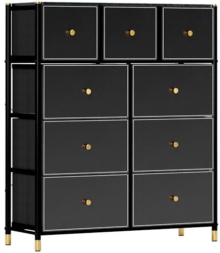 HOMCOM Schlafzimmer Kommode Stoff Kommode mit 9 klappbaren Schubladen mit PU-Fronten und Stahlrahmen Schlafzimmer Kommode Wohnzimmer Schwarz