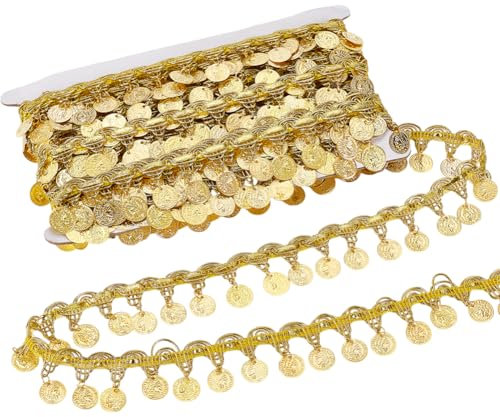 AHANDMAKER 10 Yards Goldmünzenform Paillettenquastenbesatz 1.42 Zoll Breite Pailletten Fransen Spitzenbesatz Bauchtanz Quastenbesatz Hüfttuch Zum Selbernähen Für Kleidung Heimdekoration