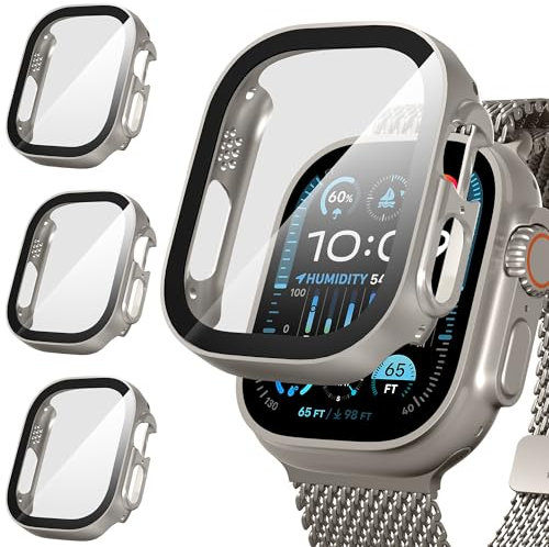 Suoman 3 Pezzi Custodia per Apple Watch Ultra/Ultra 2 49mm Vetro Temperato Pellicola Protettiva,PC Rigido Case Protettiva Ultrasottil Cover,Acciaio Titanio&Acciaio Titanio&Acciaio Titanio,49mm