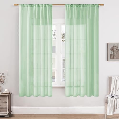 Softalker Vorhänge Grün mit Stangendurchzug Gardinen Transparent in Leinen-Optik Voile Vorhang Kurz 2er Set Durchsichtig Gardine Schal 160 cm Hoch für Wohnzimmer Schlafzimmer Fensterschal 140 cm Breit
