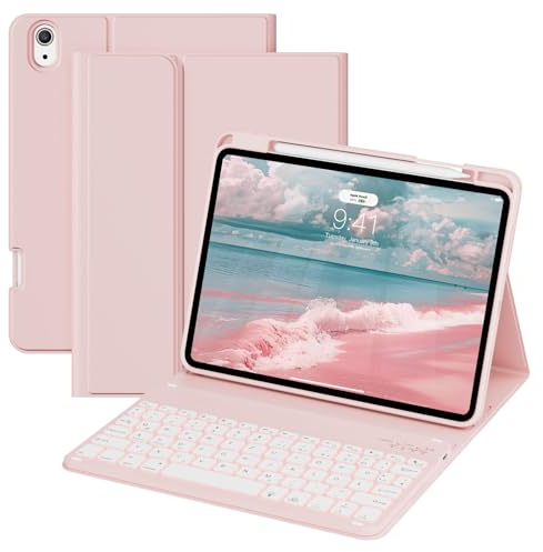 GKABXY Hülle mit Tastatur für iPad A16 11/10 Generation 2025/2022, 11/10.9 | 7 Farben Beleuchtete Magnetische Abnehmbare Tastatur, Soft TPU Rückseite Gehäuse mit Stifthalter, QWERTZ Layout, Rosa