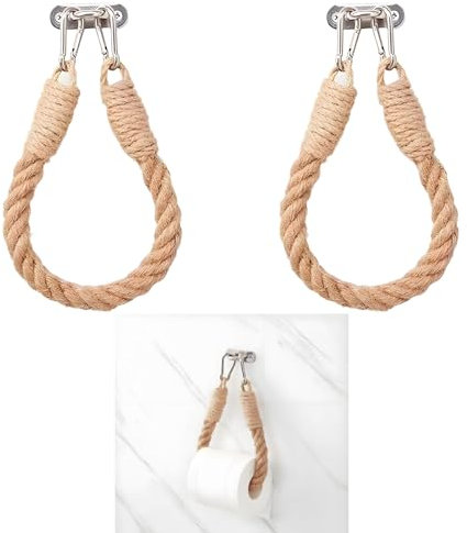 2PCS Jute Rope Toilet Roll and Towel Holder, Wall Mounted Shabby Chic Bathroom Decor with Metal Hooks, Rustic Kitchen and Bathroom Accessory, Retro Style