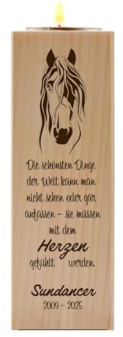 Trauerlicht Pferd Teelichthalter Holz quadratisch 14 cm | personalisiert