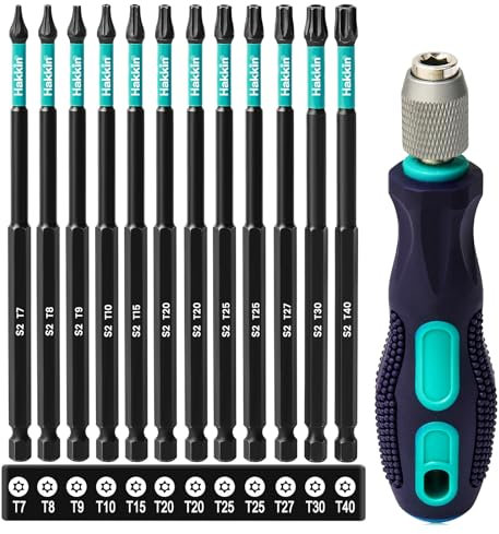 150 mm Torx Bits Set Lang mit Griff Hakkin 13 Stück Bitsatz für Akkuschrauber 1/4 Schraubenzieher S2 Torx Schraubenzieher Bit Set mit Loch T7,T8,T9,T10,T15,T20,T25,T27,T30,T40