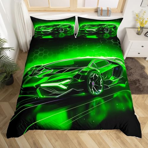 Homemissing Sportwagen-Bettbezug, 140 x 200 cm, grün, für Kinder, Rennkleidung, Raumdekoration, Extremsport, Bettwäsche-Set, Cool Speed Luxury, Auto-Bettwäsche-Sets