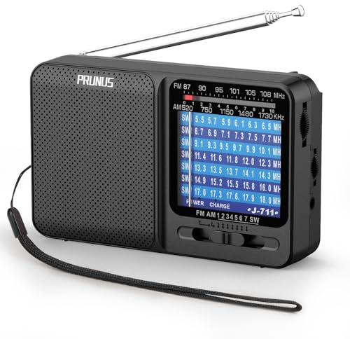 PRUNUS J-711 AM/FM/SW Portable Small Radio,AA Battery &USB-C Charging | Excellent Reception, with Long Antenna, Earphone Jack, Lanyard for Camping & Home,SW1-SW7(5.5-18 MHz)