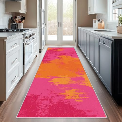 Generisch Läufer Flur Modern Abstrakt, Waschbarer Teppich Läufer Leuchtend Rosa Orange 60x120, Küchenteppich, Eingangsbereich, Bettvorleger, Schlafzimmer Deko, rutschfest, Kurzflor i3718