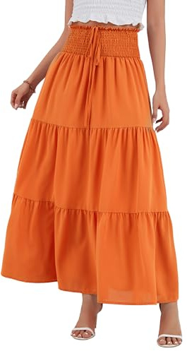 TRIWORKS Orange Boho Skirts for Women UK,Elegant High Waist 2 in 1 Chiffon Tiered Long Skirt,Elastic Womens Maxi Skirts XL