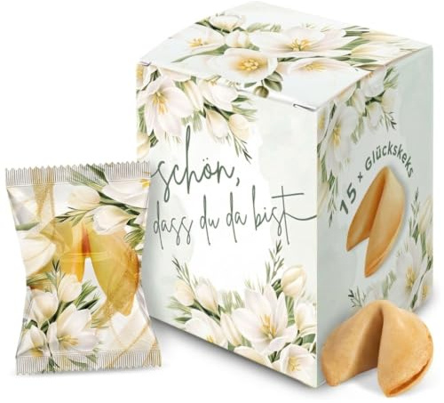 15 Glückskekse Hochzeit - Schön, dass du da bist - Gastgeschenk mit Kompliment für Hochzeitsgäste, Kommunion, Taufe, Konfirmation