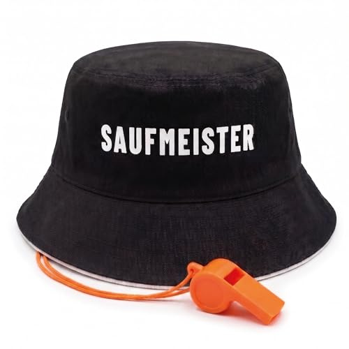 ecomq Saufmeister Fischerhut mit Trillerpfeife – Schwarzer Bucket Hat Herren – Malle Festival Party Outfit – Lustiges JGA Karneval Geschenk