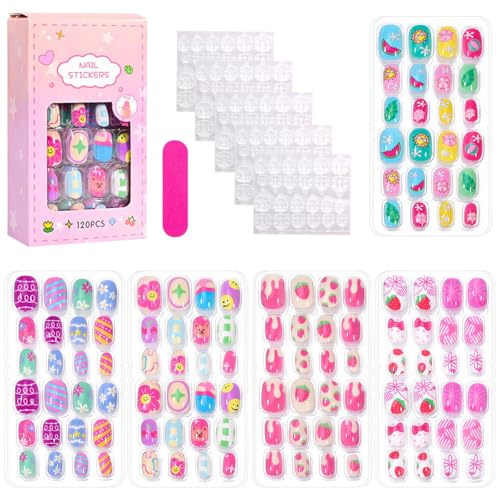 11 Pcs Young Fake Nails, Cartoon Strawberry Heart Detachable Press On Nails for Girls, 10 Sizes Little Ones Fake Nails with Adhesive Tabs, Mini File, Holiday Decor, 120 pcs Accessory Set